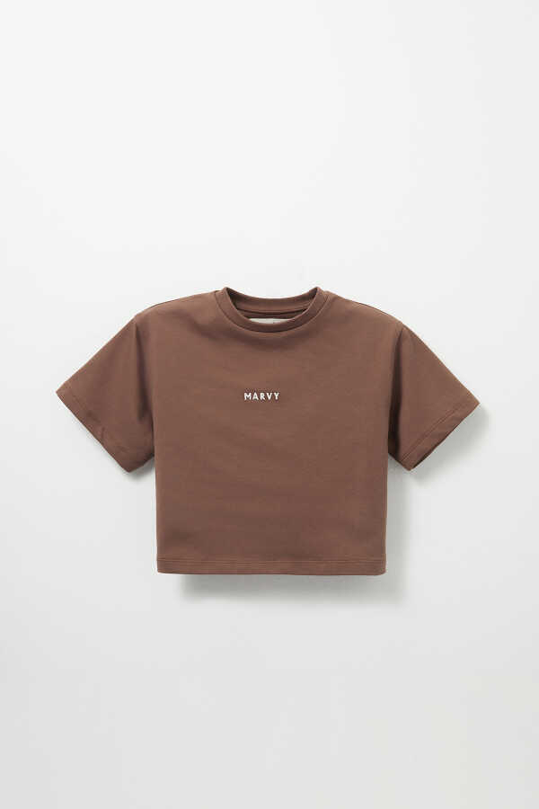 Brown Embroidery Detailed Lightweight Short Cut T-shirt - 1