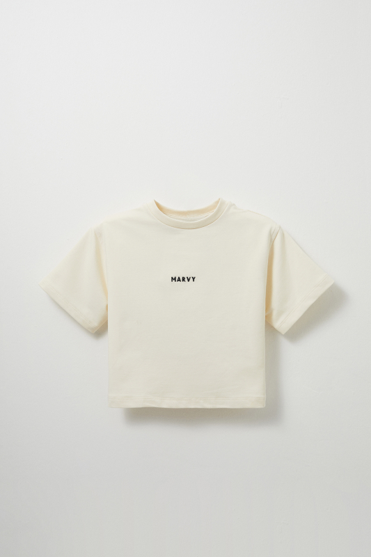 Ekru Nakış Detaylı Hafif Kısa Kesim Tshirt 