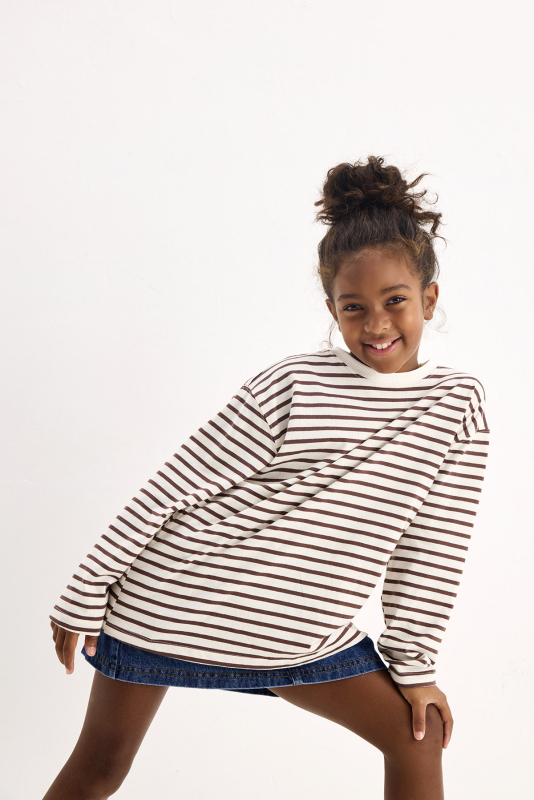 Kahve Çizgili Uzun Kollu Tshirt 